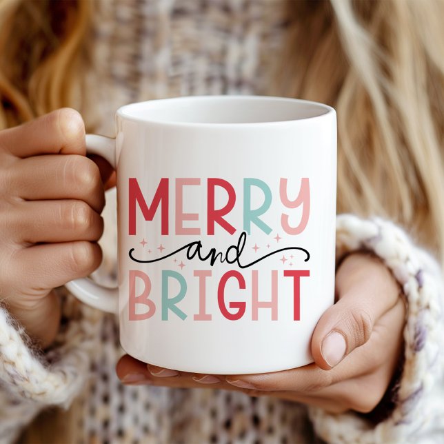 Mug "Merry and Bright" Pink and Mint Modern Christmas ("Merry and Bright" Pink and Mint Modern Christmas Coffee Mug in a girl's hands.)