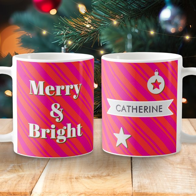 Mug Merry and Bright Red and Pink Candy Stripe Custom (A festive mug with red and pink candy striped pattern, 'Merry & Bright' caption and custom name)