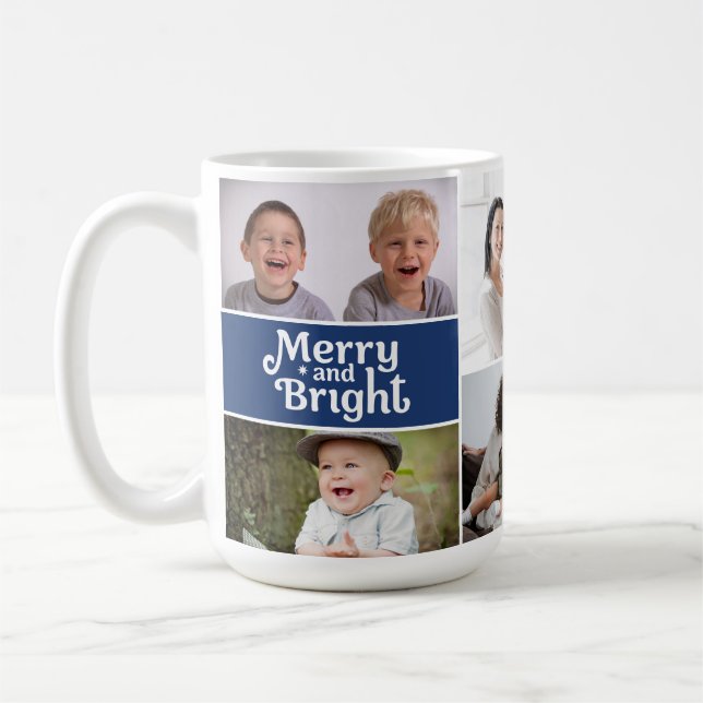 Mug Merry & Bright Multi-Photo Holiday Blue custom (Gauche)