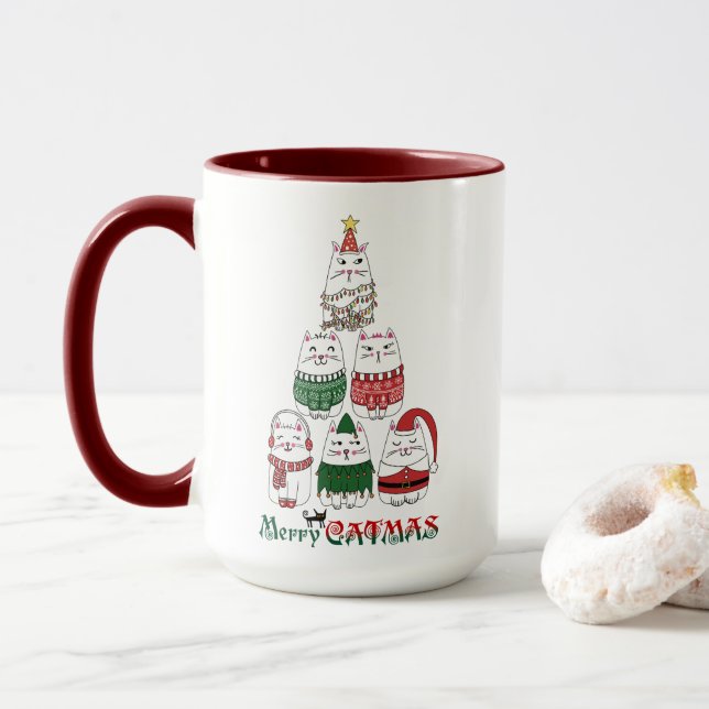 Mug Merry Catmas Funny Meowy Christmas Kitten (Avec donut)