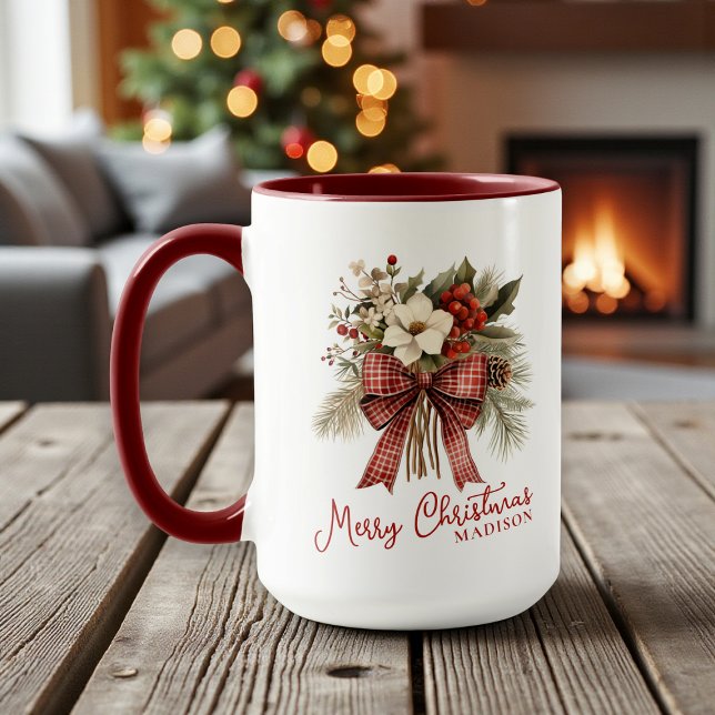 Mug Merry Christmas Elegant Floral Personalized Name (Créateur téléchargé)