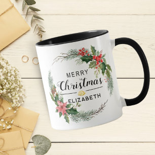 Mug Merry Christmas Floral Wreath and Script Black