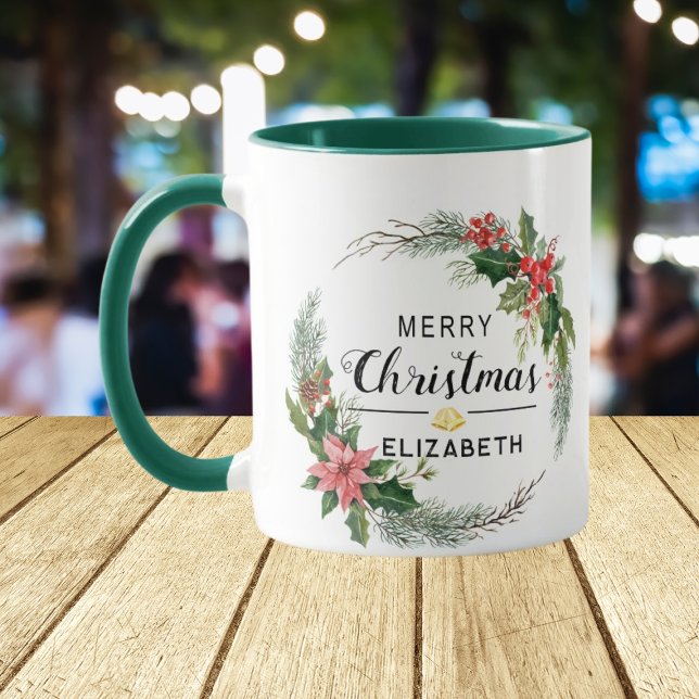 Mug Merry Christmas Floral Wreath and Script Green (Créateur téléchargé)