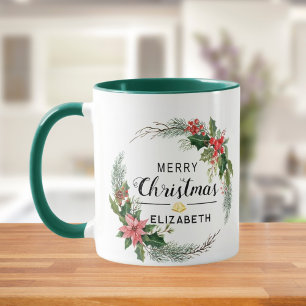 Mug Merry Christmas Floral Wreath and Script Green