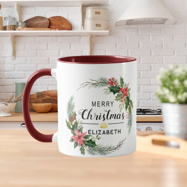 Mug Merry Christmas Floral Wreath and Script Maroon (Créateur téléchargé)