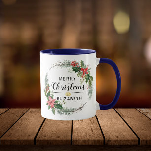 Mug Merry Christmas Floral Wreath and Script Navy Blue