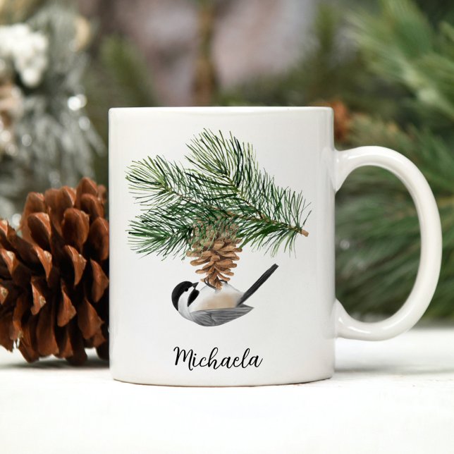 Mug Mésange d'hiver à l'aquarelle sur pomme de pin (Créateur téléchargé)