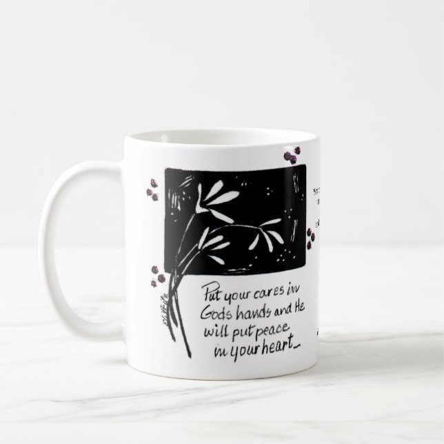 Mug Mettez vos soins dans l'aimant des mains de Dieu (Gauche)