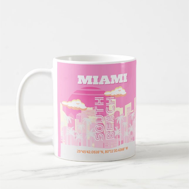 Mug Miami Beach, Miami Travel Art, Preppy, rose (Gauche)