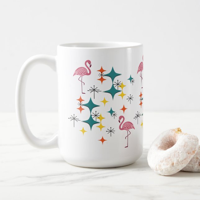 Mug Mid Century Modern Pink Flamingo Diamond Starburst (Avec donut)