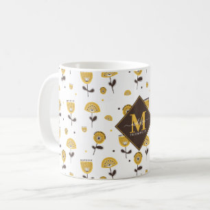 Mug Mid Century Moderne Jaune Floral Nom Personnalisé