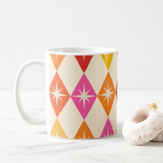 Mug Mid-Century Moderne Starbursauts sur Diamants Rétr (Avec donut)