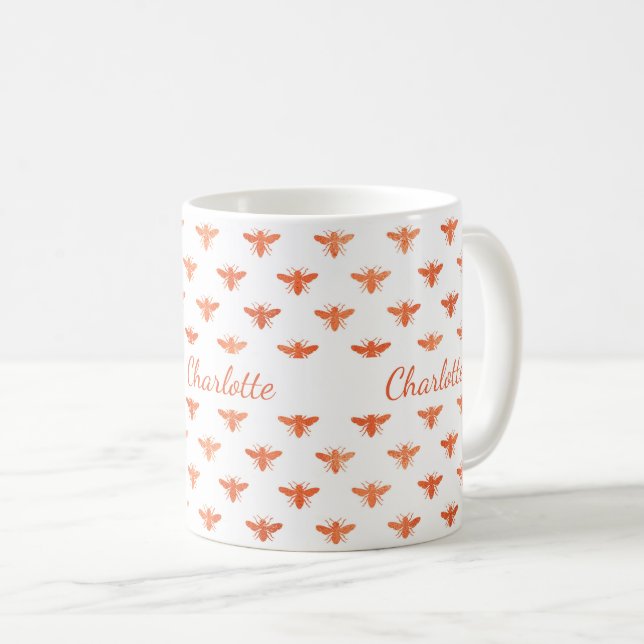 Mug Miel abeilles or blanc script monogramme (Devant droit)