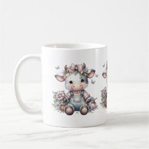 Mug Mignon bébé vache pastel en salopette avec des fle