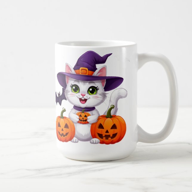 Mug Mignon Chat Blanc Citrouille Chapeau de Sorcière H (Droite)