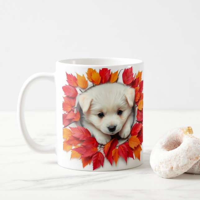 Mug mignon chiot avec feuilles d'automne, enrobage de  (Avec donut)