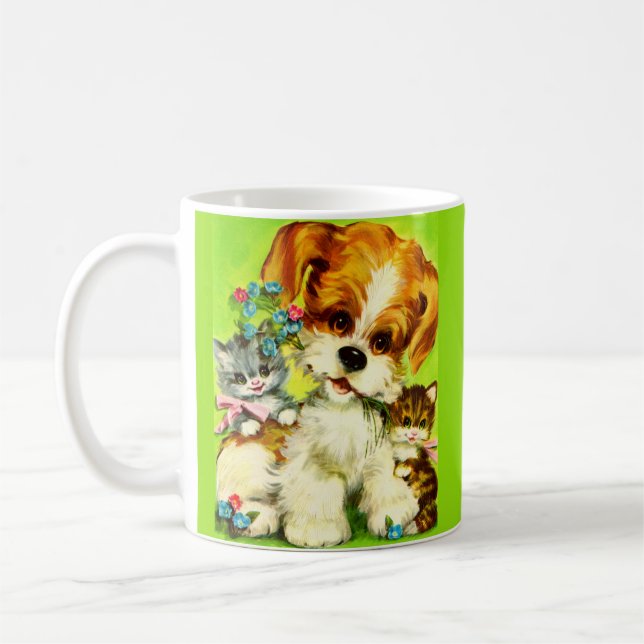 Mug mignon chiot et chatons souriants (Gauche)