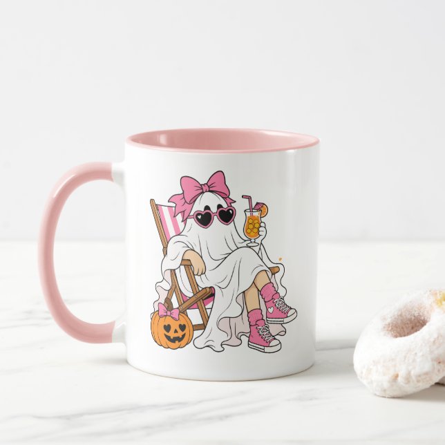 Mug Mignon Fantôme Coquette Rose Plage Halloween (Avec donut)