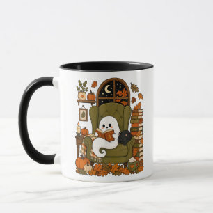 Mug Mignon Fantôme Lisant un Livre Chat Noir Automne C
