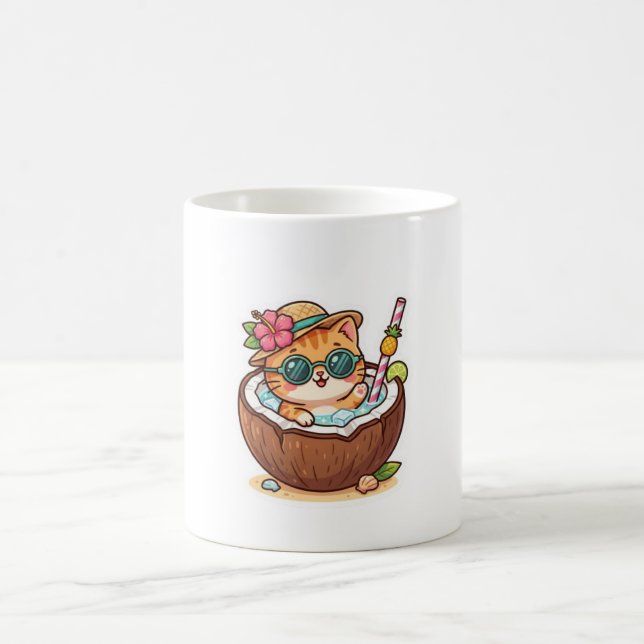 Mug Mignon Kawaii Chat au Coco Lunettes de Soleil Été  (Centre)