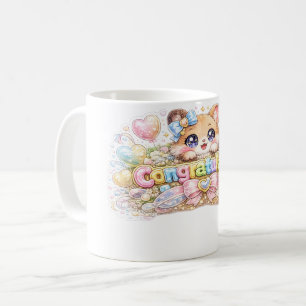 Mug Mignon Kawaii Félicitations Chat Floral Rose Paste