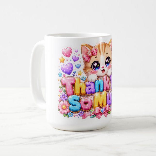 Mug Mignon Kawaii Merci Beaucoup Chat Nom Pastel Rose (Devant gauche)