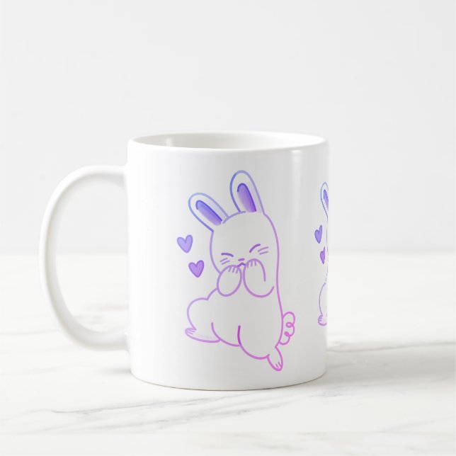 Mug Mignon Kawaii Pastel Violet Lapin Rieur Cœurs (Gauche)
