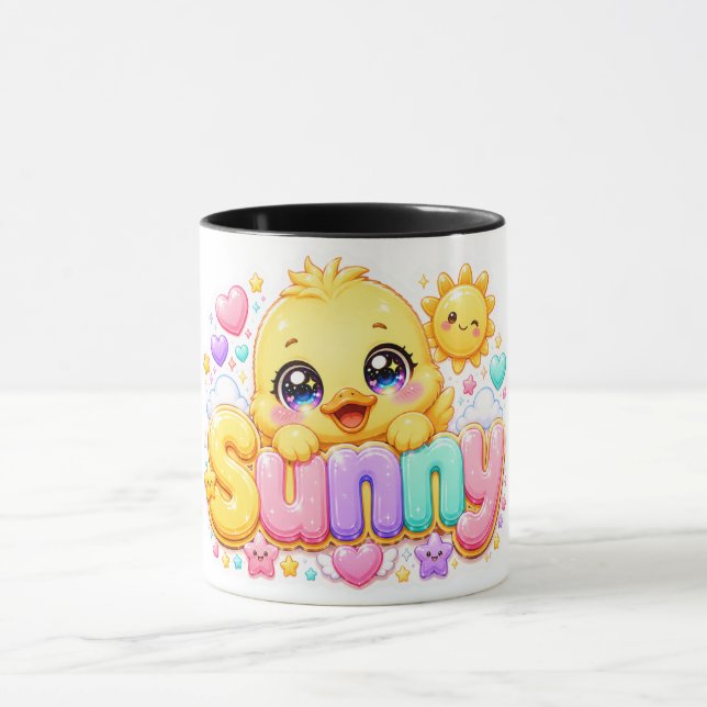 Mug Mignon Kawaii Sunny Chick Nom Pastel Rose Pailleté (Centre)