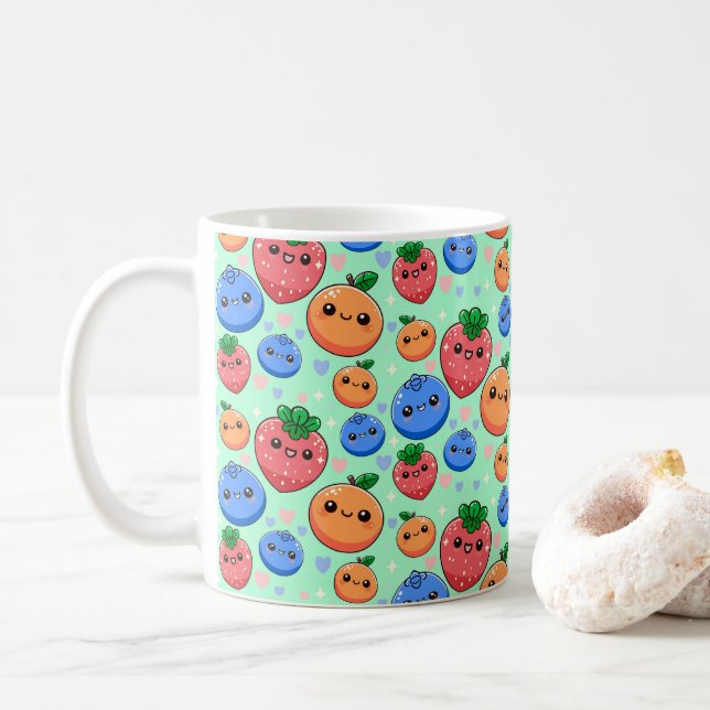 Mug Mignon Kawaii Vert Orange Bleu Fruit (Avec donut)