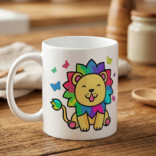 Mug Mignon lion Kawaii souriant avec papillons dessin