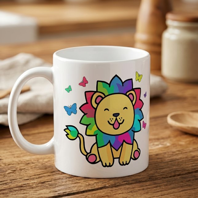 Mug Mignon lion Kawaii souriant avec papillons dessin  (Cute smiling Kawaii Lion with Butterflies Cartoon. Coffee Mug)