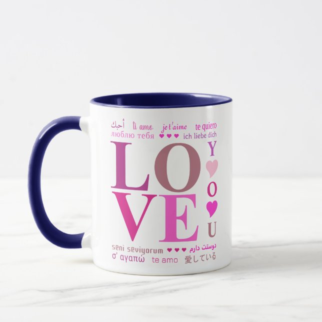 Mug Mignon "LOVE YOU" en Langues romantiques, Rose fil (Gauche)