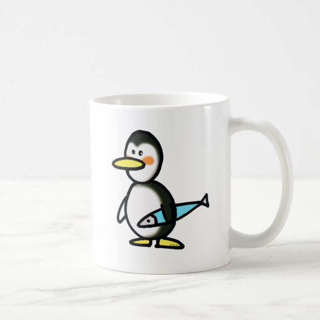 Mug Mignon Manchot Tenant un Poisson Bleu (Droite)