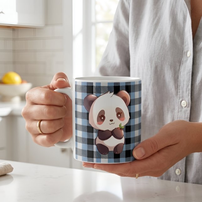 Mug Mignon Ours Panda Kawaii Plaid Bleu Buffalo (Créateur téléchargé)