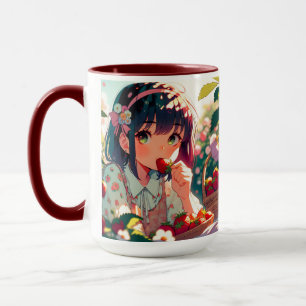 Mug Mignonne Anime Girl Mange des fraises   Jour d'été