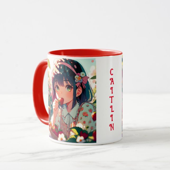 Mug Mignonne Anime Girl Mange des fraises | Jour d'été (Devant gauche)