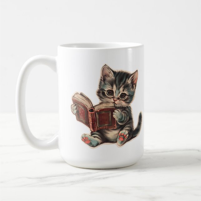 Mug Mignonne chat lecture livre enfants rétro illustra (Gauche)