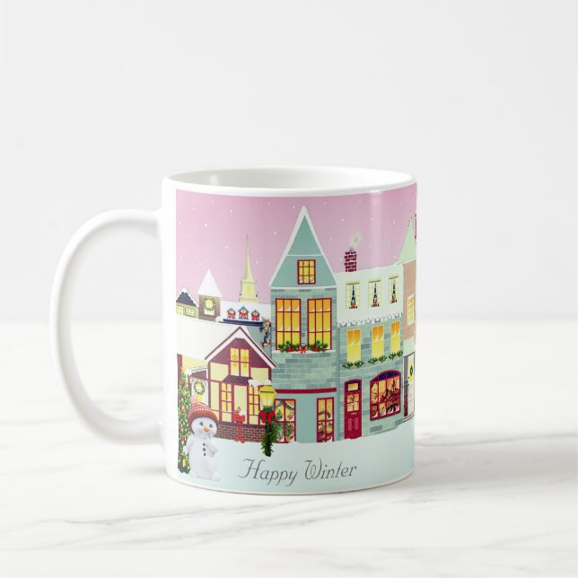 Mug Mignonne Christmas Town & Snowman sur Rose Gold (Gauche)