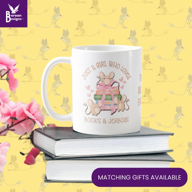 Mug Mignonne Coquette JUSTE UNE FILLE QUI AIME LE JERB (Cute JUST A GIRL WHO LOVES JERBOAS & BOOKS mug with CUSTOMIZABLE TEXT. Ideal Mother's Day gift.)