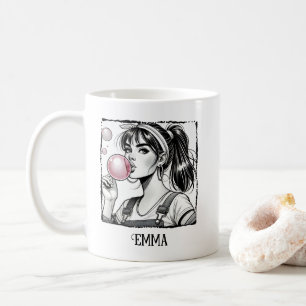 Mug Mignonne fille soufflant des bulles roses, Comique