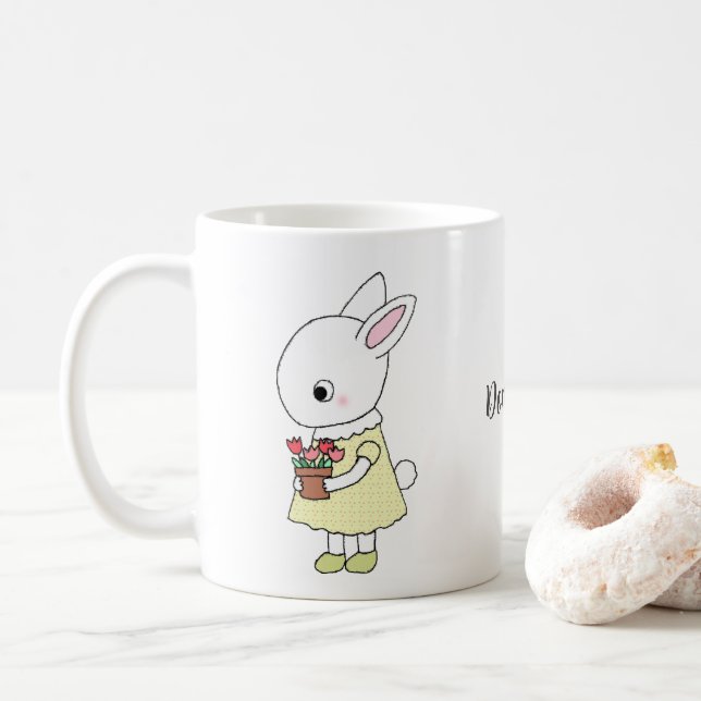 Mug Mignonne lapin avec fleurs roses Nom personnalisé (Avec donut)