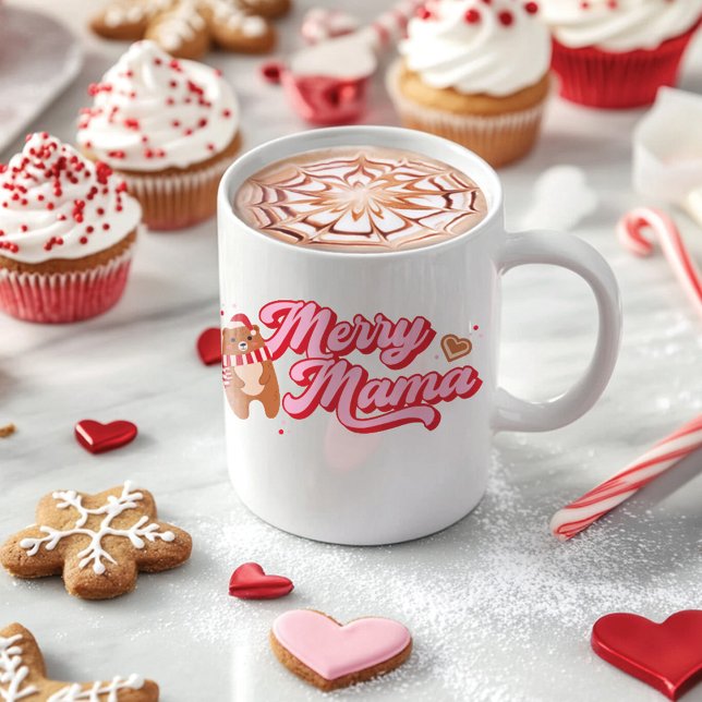 Mug Mignonne Mama Bear Saison de vacances (Red & Pink Merry Mama Bear Cute Holiday Mug)