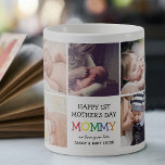 Mug Mignonne maman de la première fête des mères| Phot<br><div class="desc">Créez votre propre cadeau spécial pour la première fête des mères avec cette mignonne tasse de café collage photo. Avec 9 photos carrés et le texte 'Joyeuse 1ère Fête des Mères',  le mot MOMMY en lettres colorées,  a we love you lots message and names.</div>