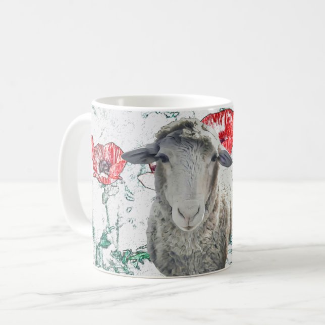 Mug Mignonne Mérino Mouton Animal Red Poppy Fleurs (Devant gauche)