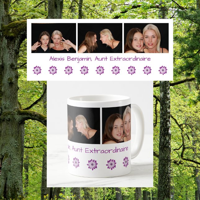 Mug Mignonne Tante Moderne Nom Extraordinaire BAE Phot (Aunt Extraordinaire. Personalized name + 3 photos BAE mug. Cute, modern Mother's Day birthday gift)