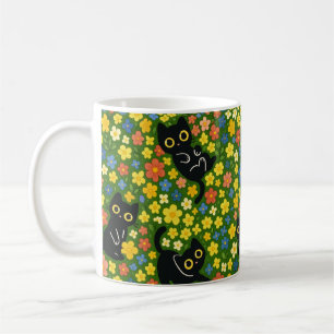 Mug Mignons Chats Noirs Motif Floral de Prairie