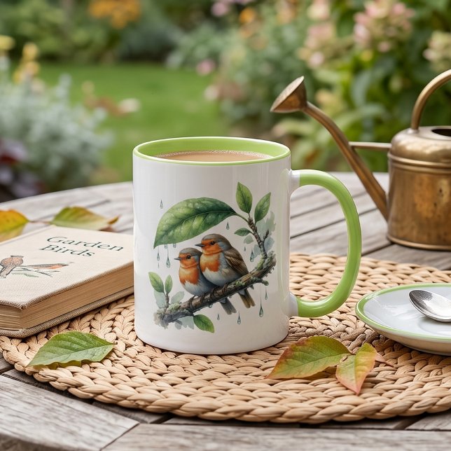 Mug Mignons rouges-gorges sous un parapluie de feuille (Créateur téléchargé)