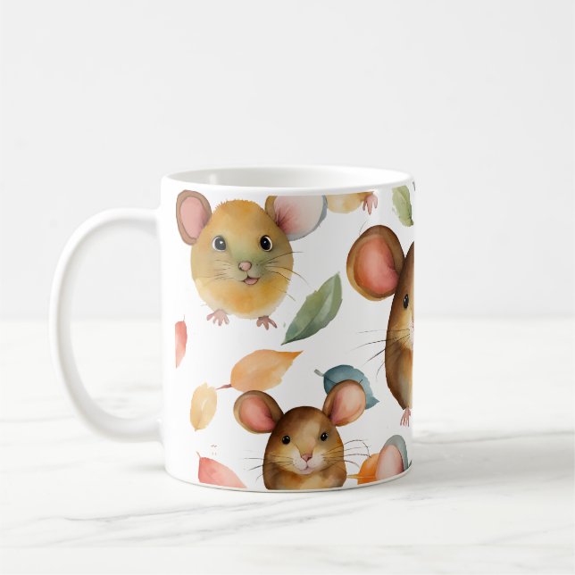 Mug Mignons Souris à l'aquarelle et Motif de Feuilles  (Gauche)