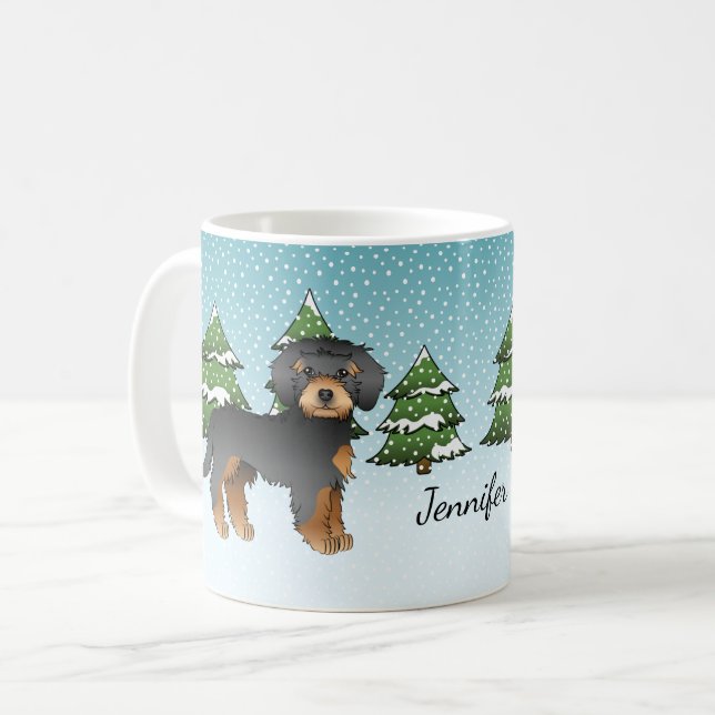 Mug Mini Goldendoodle noir et fauve - Forêt hivernale (Devant gauche)