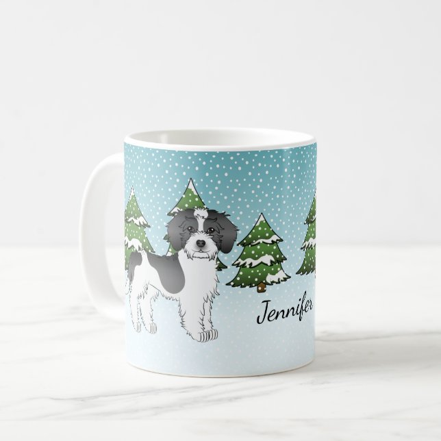 Mug Mini Goldendoodle Parti-couleur Noir Forêt d'Hiver (Devant gauche)